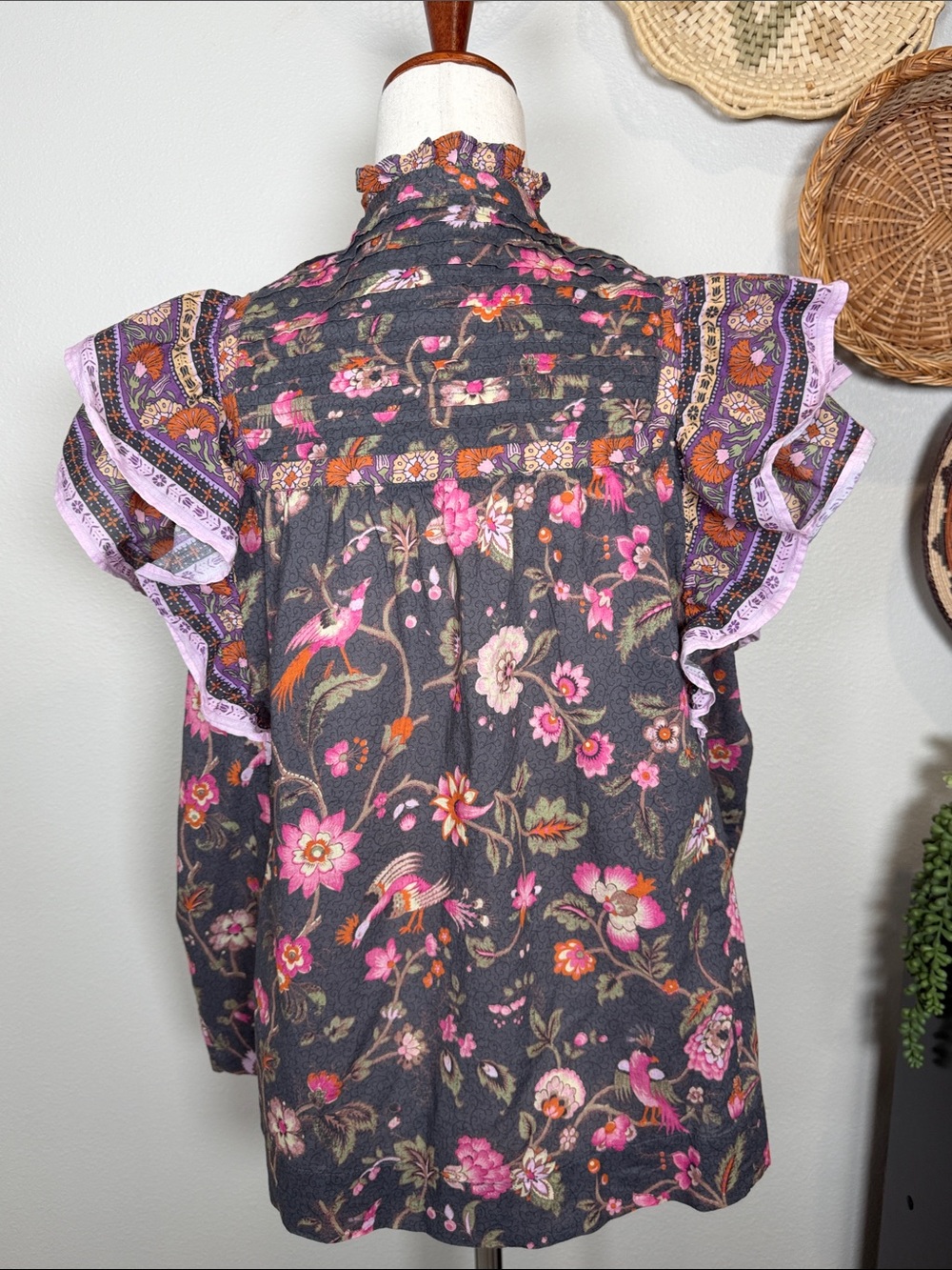 Sundance Marcleine Floral Top Coquette Ruffle Pintuck Boho Cottagecore Large - Picture 6 of 14